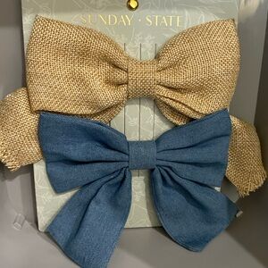 Sunday state denim & faux straw set of 2 hair bows, New w/ tags, Great for Fall